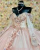 Long Sleeve Pink Quince Dresses Crystal Sequin Sweetheart Neck 15 Dress With 3D Flowers