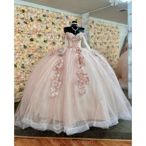 Long Sleeve Pink Quince Dresses Crystal Sequin Sweetheart Neck 15 Dress With 3D Flowers