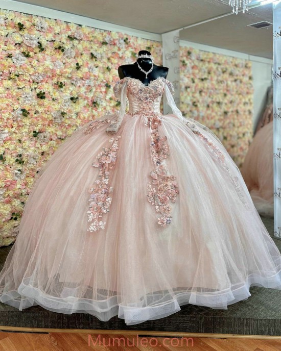 Long Sleeve Pink Quince Dresses Crystal Sequin Sweetheart Neck 15 Dress With 3D Flowers