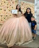 Long Sleeve Pink Quinceanera Dresses Metallic Sequin Sweetheart Neck 15 Dress