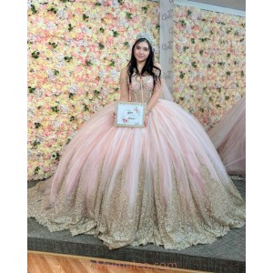 Long Sleeve Pink Quinceanera Dresses Metallic Sequin Sweetheart Neck 15 Dress