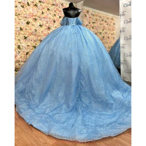 Off Shoulder Blue Quince Dresses Metallic Sequin Sweetheart Neck 15 Dress