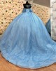 Off Shoulder Blue Quince Dresses Metallic Sequin Sweetheart Neck 15 Dress