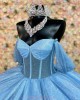 Off Shoulder Blue Quince Dresses Metallic Sequin Sweetheart Neck 15 Dress