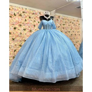 Off Shoulder Blue Quince Dresses Metallic Sequin Sweetheart Neck 15 Dress