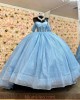 Off Shoulder Blue Quince Dresses Metallic Sequin Sweetheart Neck 15 Dress