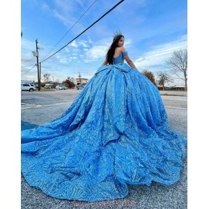 Off Shoulder Blue Quinceanera Dresses Sweetheart Neck Metallic Sequin 15 Dress With Bow