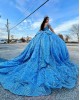 Off Shoulder Blue Quinceanera Dresses Sweetheart Neck Metallic Sequin 15 Dress With Bow