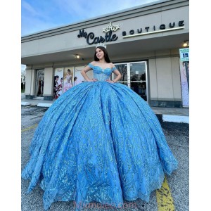 Off Shoulder Blue Quinceanera Dresses Sweetheart Neck Metallic Sequin 15 Dress With Bow