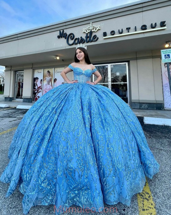 Off Shoulder Blue Quinceanera Dresses Sweetheart Neck Metallic Sequin 15 Dress With Bow