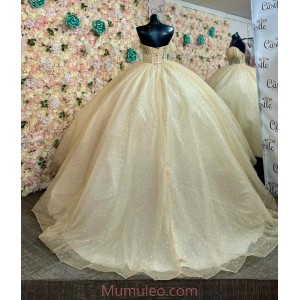 Off Shoulder Champagne Quinceanera Dresses Metallic Sequin Sweetheart Neck 15 Dress