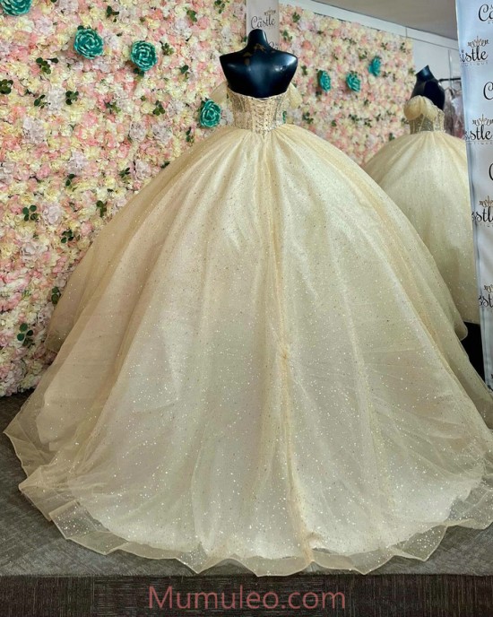 Off Shoulder Champagne Quinceanera Dresses Metallic Sequin Sweetheart Neck 15 Dress