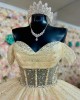 Off Shoulder Champagne Quinceanera Dresses Metallic Sequin Sweetheart Neck 15 Dress