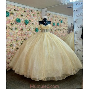 Off Shoulder Champagne Quinceanera Dresses Metallic Sequin Sweetheart Neck 15 Dress