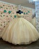 Off Shoulder Champagne Quinceanera Dresses Metallic Sequin Sweetheart Neck 15 Dress