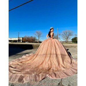 Off Shoulder Champagne Quinceanera Dresses Sweetheart Neck Metallic Sequin 15 Dress