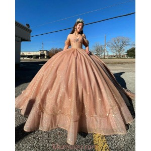 Off Shoulder Champagne Quinceanera Dresses Sweetheart Neck Metallic Sequin 15 Dress