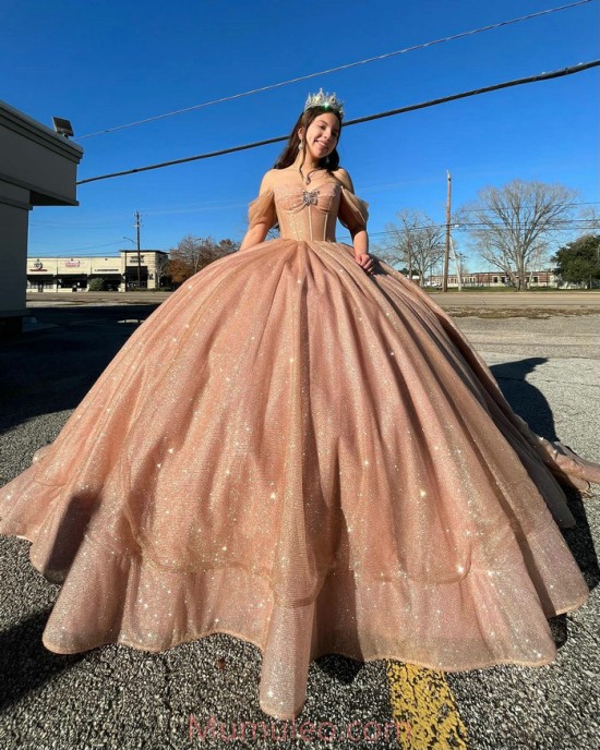 Off Shoulder Champagne Quinceanera Dresses Sweetheart Neck Metallic Sequin 15 Dress