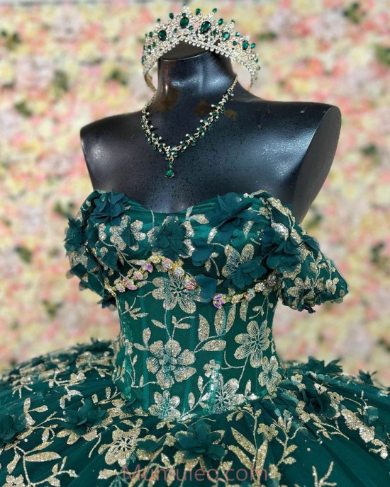 Off Shoulder Emerald Green Quince Dresses Metallic Sequin Sweetheart Neck 15 Dress With 3D Flowers