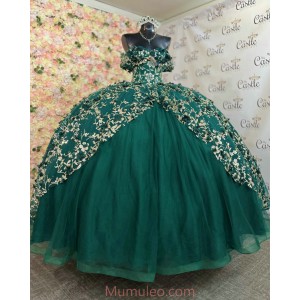 Off Shoulder Emerald Green Quince Dresses Metallic Sequin Sweetheart Neck 15 Dress With 3D Flowers