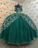 Off Shoulder Emerald Green Quince Dresses Metallic Sequin Sweetheart Neck 15 Dress With 3D Flowers