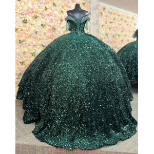 Off Shoulder Emerald Green Quince Dresses Metallic Sequin V Neck 15 Dress