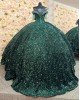 Off Shoulder Emerald Green Quince Dresses Metallic Sequin V Neck 15 Dress