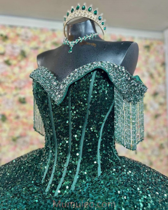 Off Shoulder Emerald Green Quince Dresses Metallic Sequin V Neck 15 Dress