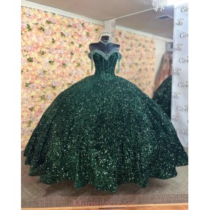 Off Shoulder Emerald Green Quince Dresses Metallic Sequin V Neck 15 Dress