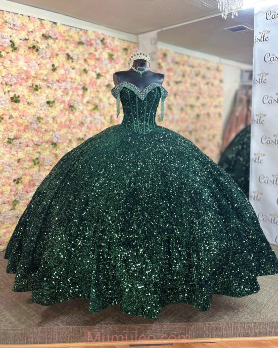 Off Shoulder Emerald Green Quince Dresses Metallic Sequin V Neck 15 Dress