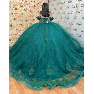 Off Shoulder Emerald Green Quince Dresses Sheer Bodice Ball Gown Lace Appliques Sweetheart Neck 15 Dress