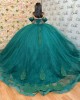 Off Shoulder Emerald Green Quince Dresses Sheer Bodice Ball Gown Lace Appliques Sweetheart Neck 15 Dress