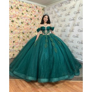 Off Shoulder Emerald Green Quince Dresses Sheer Bodice Ball Gown Lace Appliques Sweetheart Neck 15 Dress