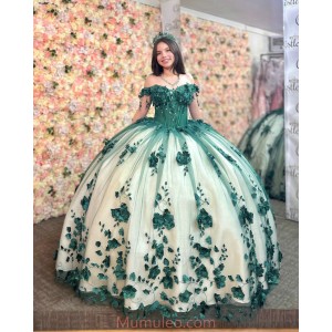 Off Shoulder Green On Nude Quince Dresses Sweetheart Neck 15 Dress With 3D Flowers