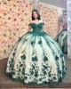 Off Shoulder Green On Nude Quince Dresses Sweetheart Neck 15 Dress With 3D Flowers