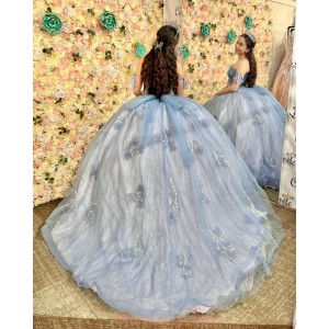 Off Shoulder Grey Blue Quinceanera Dresses Sweetheart Neck 15 Dress With 3D Flowers