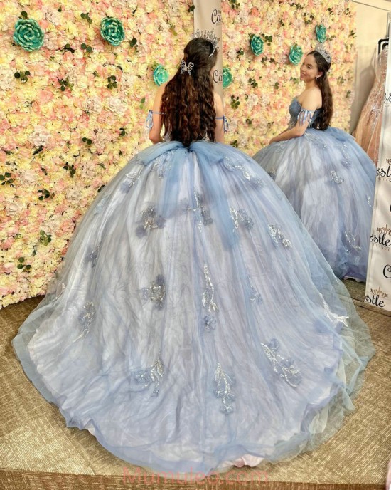 Off Shoulder Grey Blue Quinceanera Dresses Sweetheart Neck 15 Dress With 3D Flowers