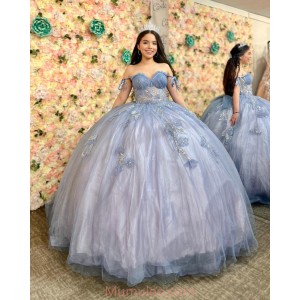 Off Shoulder Grey Blue Quinceanera Dresses Sweetheart Neck 15 Dress With 3D Flowers