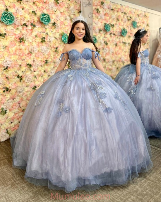 Off Shoulder Grey Blue Quinceanera Dresses Sweetheart Neck 15 Dress With 3D Flowers