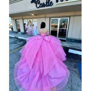 Off Shoulder Hot Pink Quinceanera Dresses Sweetheart Neck Crystal 15 Dress With Bow