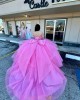 Off Shoulder Hot Pink Quinceanera Dresses Sweetheart Neck Crystal 15 Dress With Bow