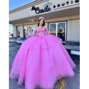 Off Shoulder Hot Pink Quinceanera Dresses Sweetheart Neck Crystal 15 Dress With Bow