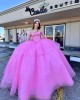 Off Shoulder Hot Pink Quinceanera Dresses Sweetheart Neck Crystal 15 Dress With Bow