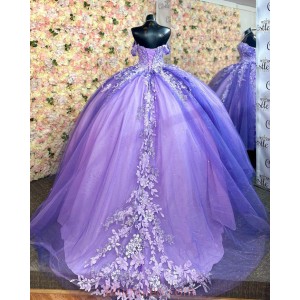 Off Shoulder Light Purple Quinceanera Dresses Lace Appliques Sweetheart Neck 15 Dress