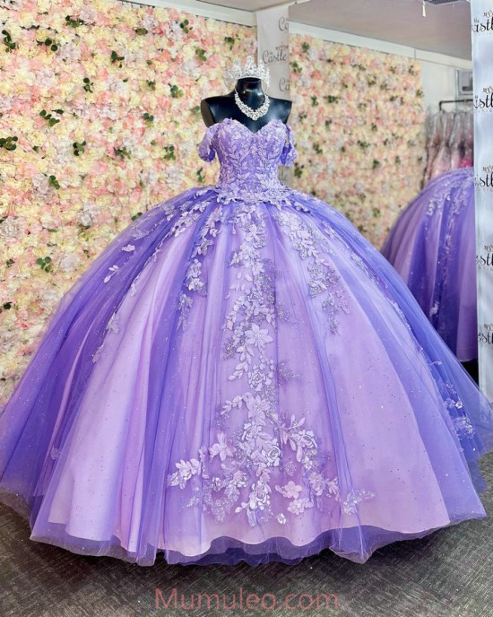 Off Shoulder Light Purple Quinceanera Dresses Lace Appliques Sweetheart Neck 15 Dress