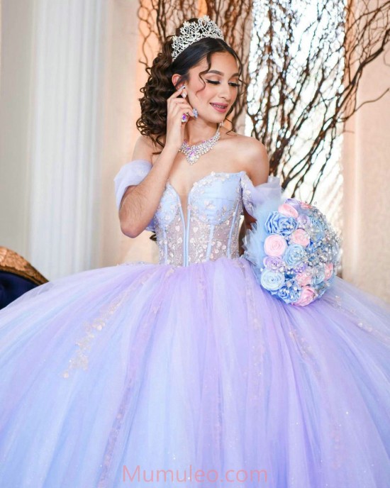 Off Shoulder Light Purple Quinceanera Dresses Metallic Sequin V Neck 15 Dress