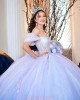 Off Shoulder Light Purple Quinceanera Dresses Metallic Sequin V Neck 15 Dress