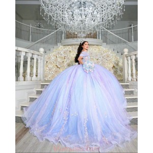 Off Shoulder Light Purple Quinceanera Dresses Metallic Sequin V Neck 15 Dress