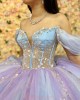 Off Shoulder Lilac Quince Dresses Metallic Sequin V Neck 15 Dress