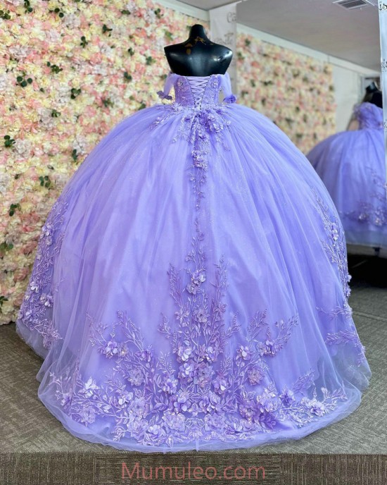 Off Shoulder Lilac Quinceanera Dresses Sweetheart Neck Lace Appliques 15 Dress